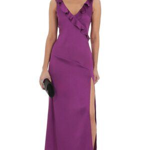 Lucy In the Sky Satin V-Neck Open Back Maxi Dress in Purple